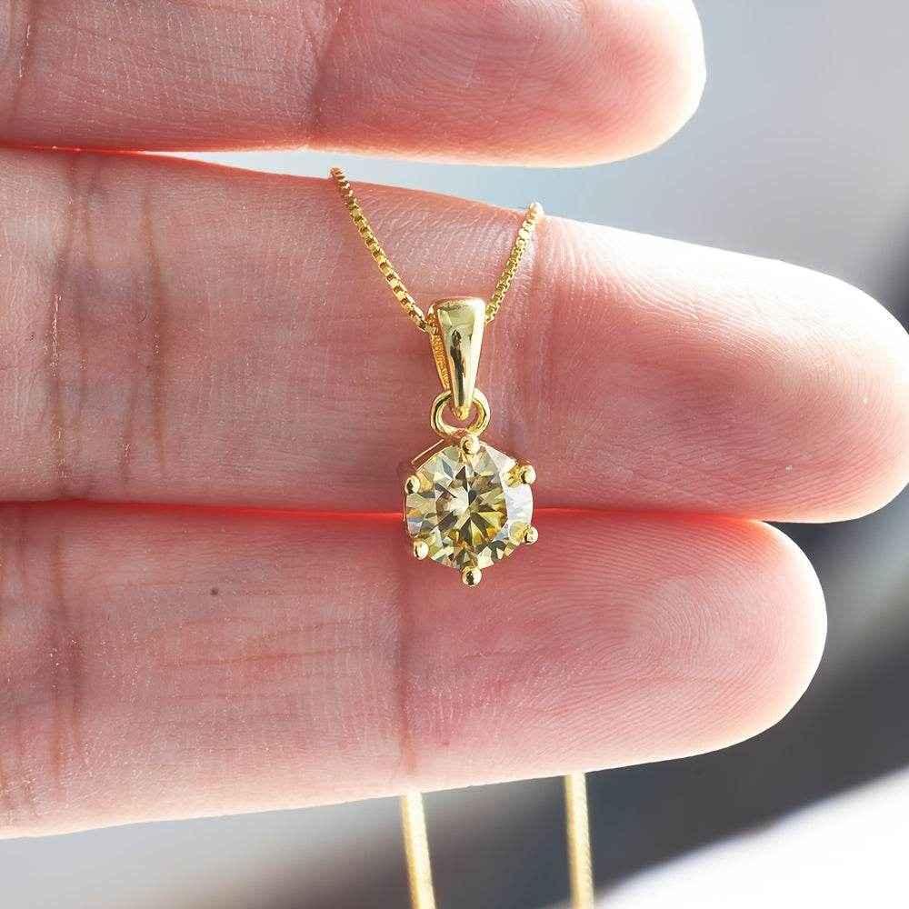 1 Carat Moissanite Pendant Necklace, 6.5mm, 925 Sterling Silver, 14K Golden Plated, Elegant Fashion Jewelry for Women, Ideal for Daily Wear and Gift Giving, Mother's Day, Valentine's, Engagement, Wedding, Anniversary, Birthda