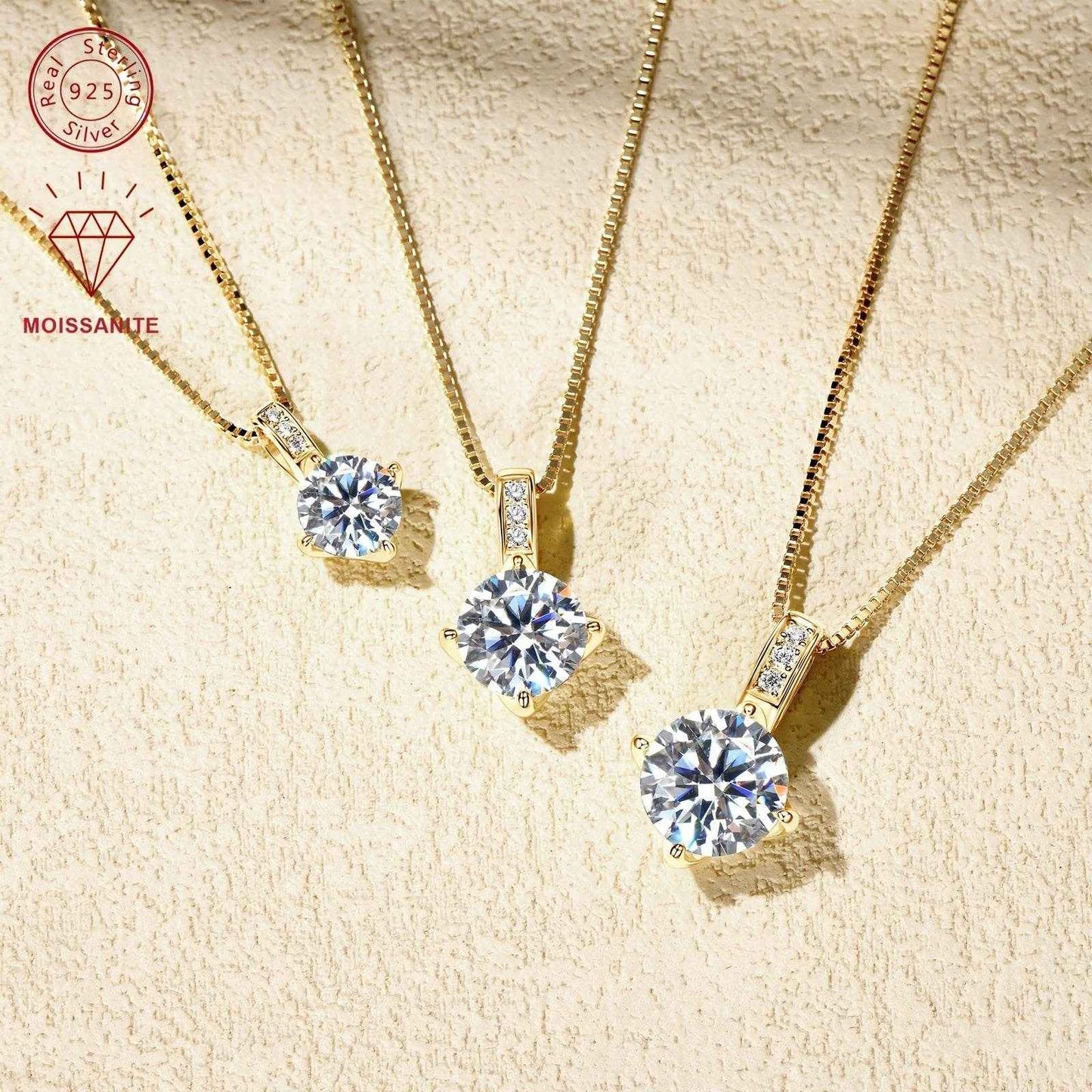 Elegant 1.0/2.0/3.0 Carat D Color Round Moissanite Pendant Necklace, 925 Sterling Silver with 14K Golden Plating, Adjustable Box Chain, April Birthstone, Synthetic Stone, Luxury Daily & Gift Jewelry, 0.8g