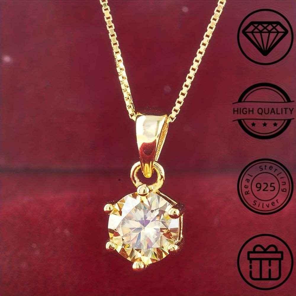 1 Carat Moissanite Pendant Necklace, 6.5mm, 925 Sterling Silver, 14K Golden Plated, Elegant Fashion Jewelry for Women, Ideal for Daily Wear and Gift Giving, Mother's Day, Valentine's, Engagement, Wedding, Anniversary, Birthda