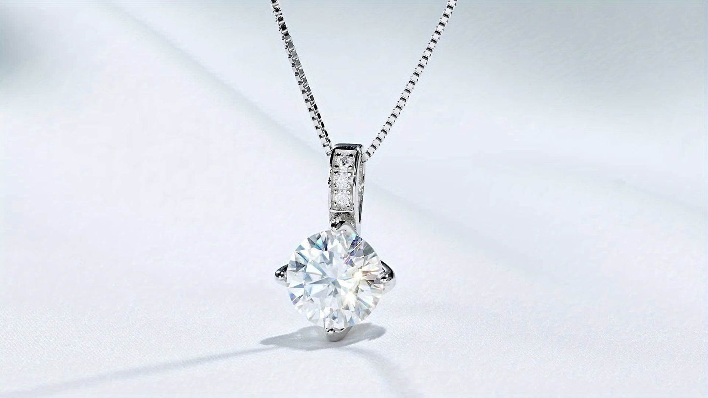 Elegant 1.0/2.0/3.0 Carat D Color Round Moissanite Pendant Necklace, 925 Sterling Silver with 14K Golden Plating, Adjustable Box Chain, April Birthstone, Synthetic Stone, Luxury Daily & Gift Jewelry, 0.8g Jewelrieshub 1.0 ct / Silvery 2.0 ct / Silvery 3.0 ct / Silvery 1.0 ct / Silvery-2.0 ct / Silvery-3.0 ct / Silvery-1.0 ct / Golden-2.0 ct / Golden-3.0 ct / Golden-