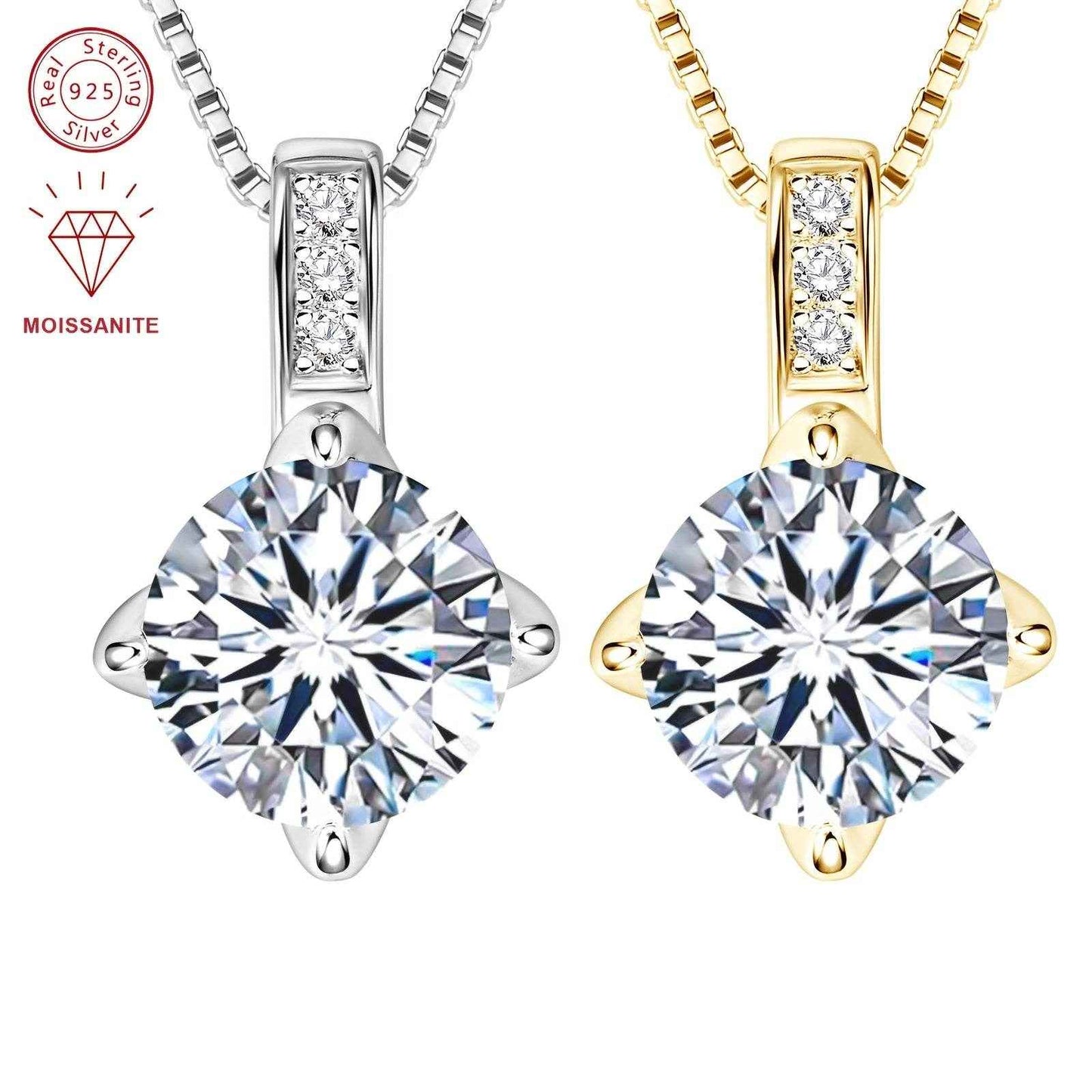 Elegant 1.0/2.0/3.0 Carat D Color Round Moissanite Pendant Necklace, 925 Sterling Silver with 14K Golden Plating, Adjustable Box Chain, April Birthstone, Synthetic Stone, Luxury Daily & Gift Jewelry, 0.8g