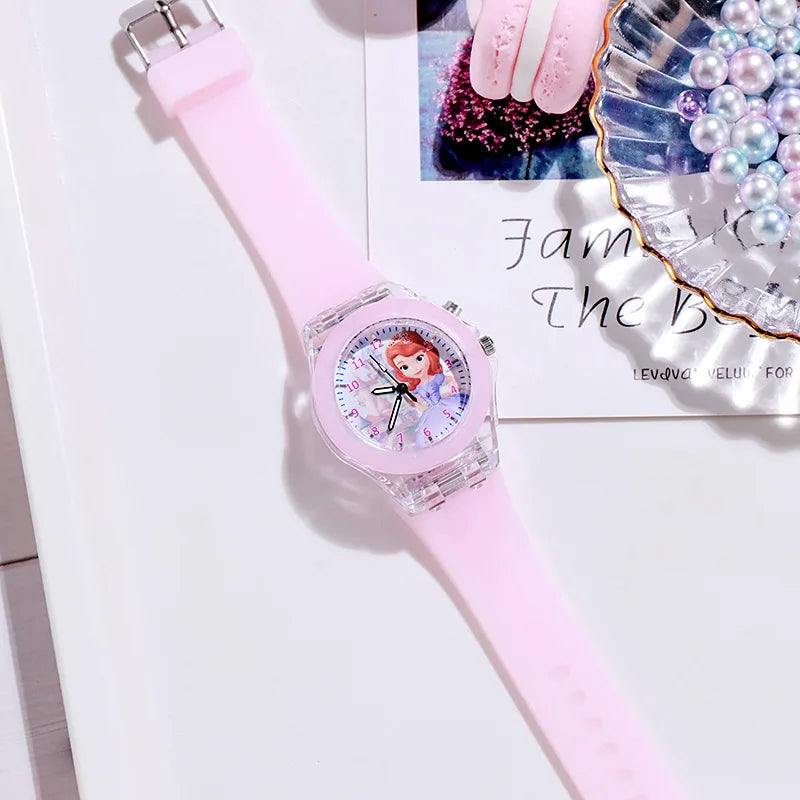 Disney Girls Kids Watches Children Watch Frozen Princess Aisha Sophia Luminous Student Colorful LED Light Women Lady Clock - Qoraheyhub