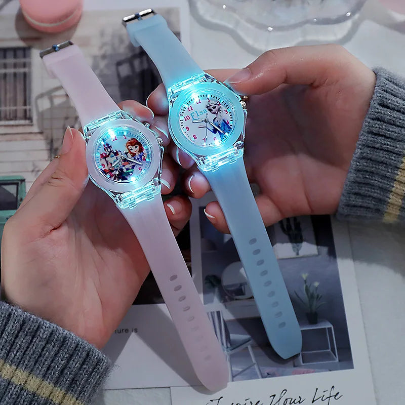 Disney Girls Kids Watches Children Watch Frozen Princess Aisha Sophia Luminous Student Colorful LED Light Women Lady Clock - Qoraheyhub