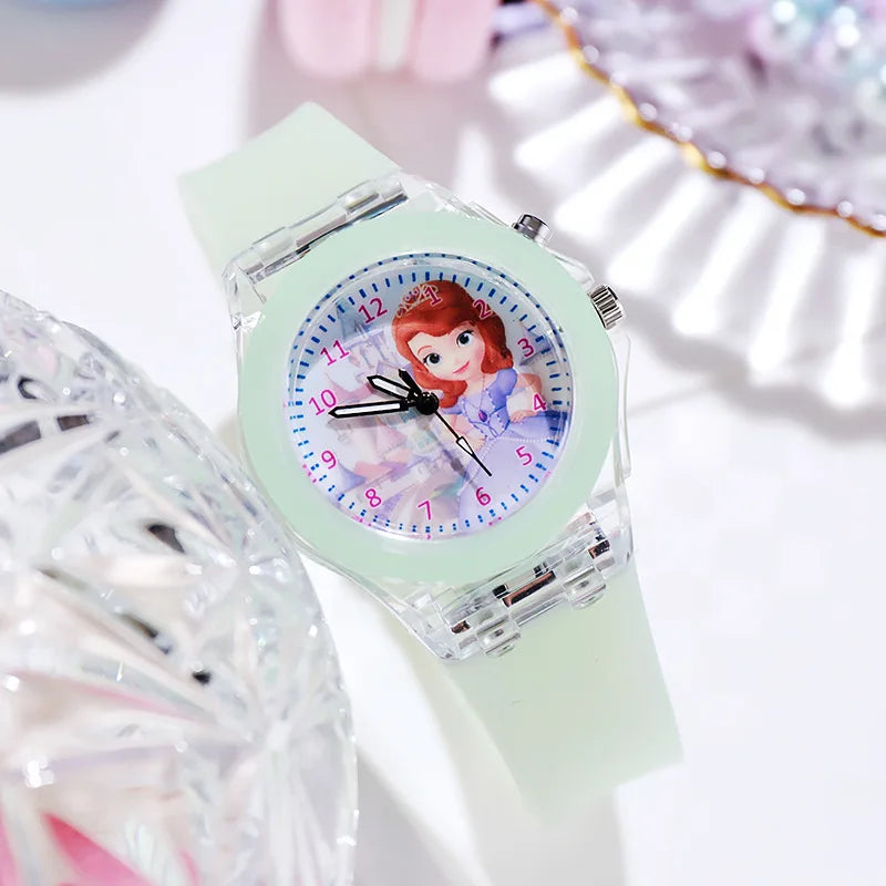 Disney Girls Kids Watches Children Watch Frozen Princess Aisha Sophia Luminous Student Colorful LED Light Women Lady Clock - Qoraheyhub