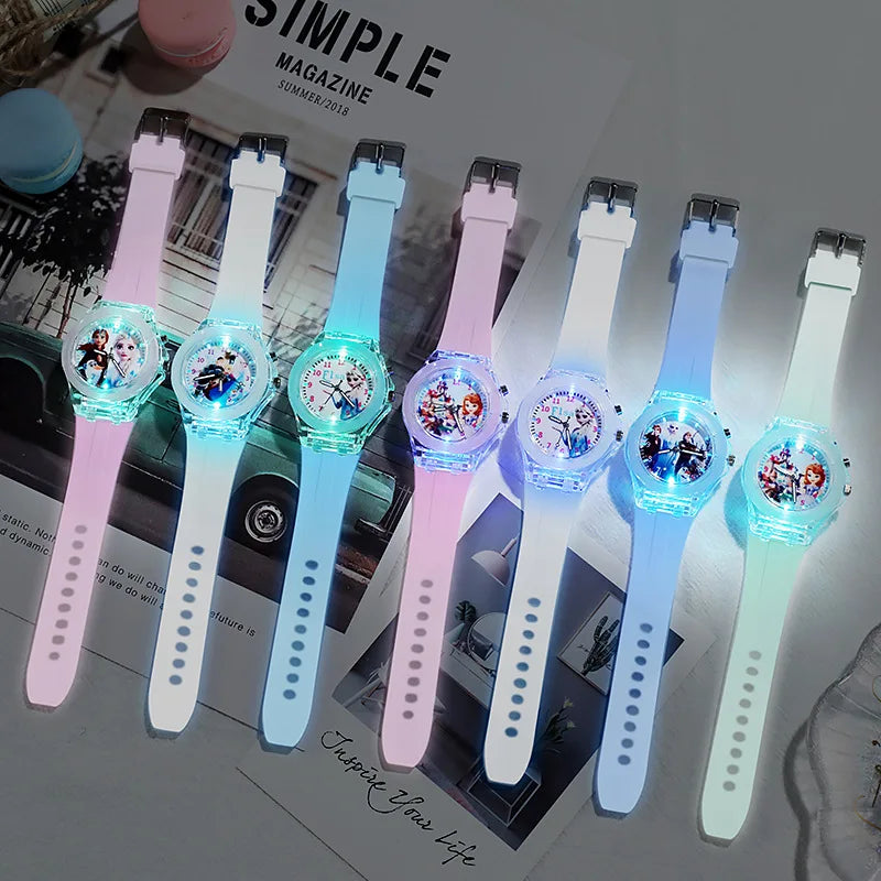 Disney Girls Kids Watches Children Watch Frozen Princess Aisha Sophia Luminous Student Colorful LED Light Women Lady Clock - Qoraheyhub