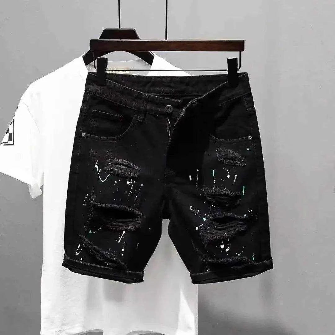 Trendy Brand Men's Unique Hip Hop Black Denim Shorts Loose Fit Summer Style High Quality Cotton Pants With Distressed Details
