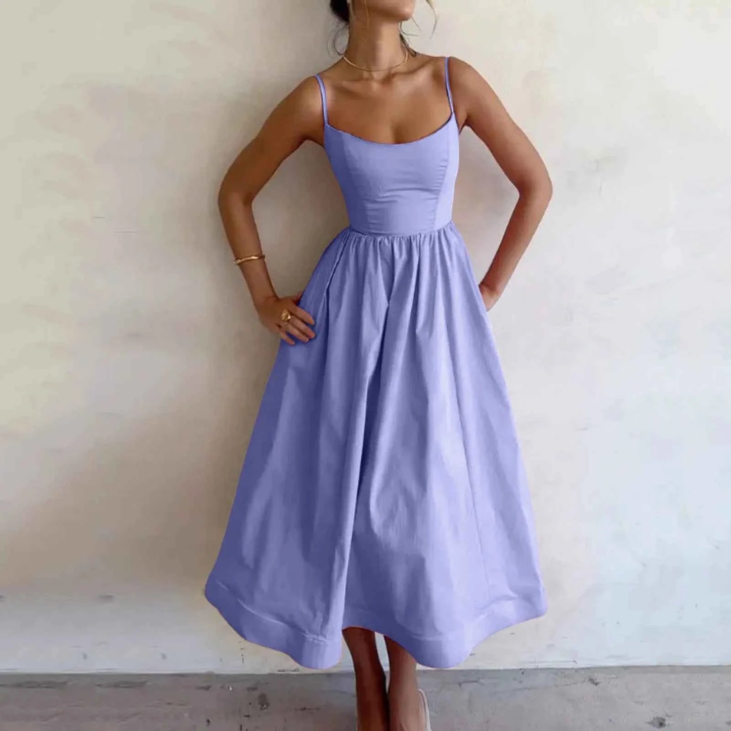 Dresses For Girls Women Sleeveless Sling Long Summer Solid Color Elegant Square Collar Backless A Line Bandage Dress Sexy