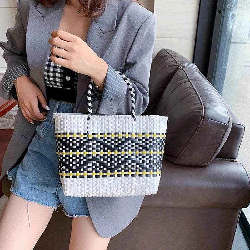 Plastic Woven Women's Handbag Handmade Bohemia Storage Basket Contrast Tote Bag Designer Summer Beach Bag Female Shoulder Bags