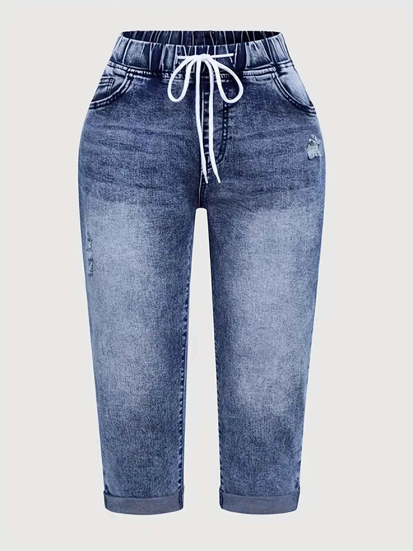 Y2K Style Women's Peacock Blue Stretch Mid-Rise Capri Jeans - Summer Casual Distressed Denim with Drawstring Waist