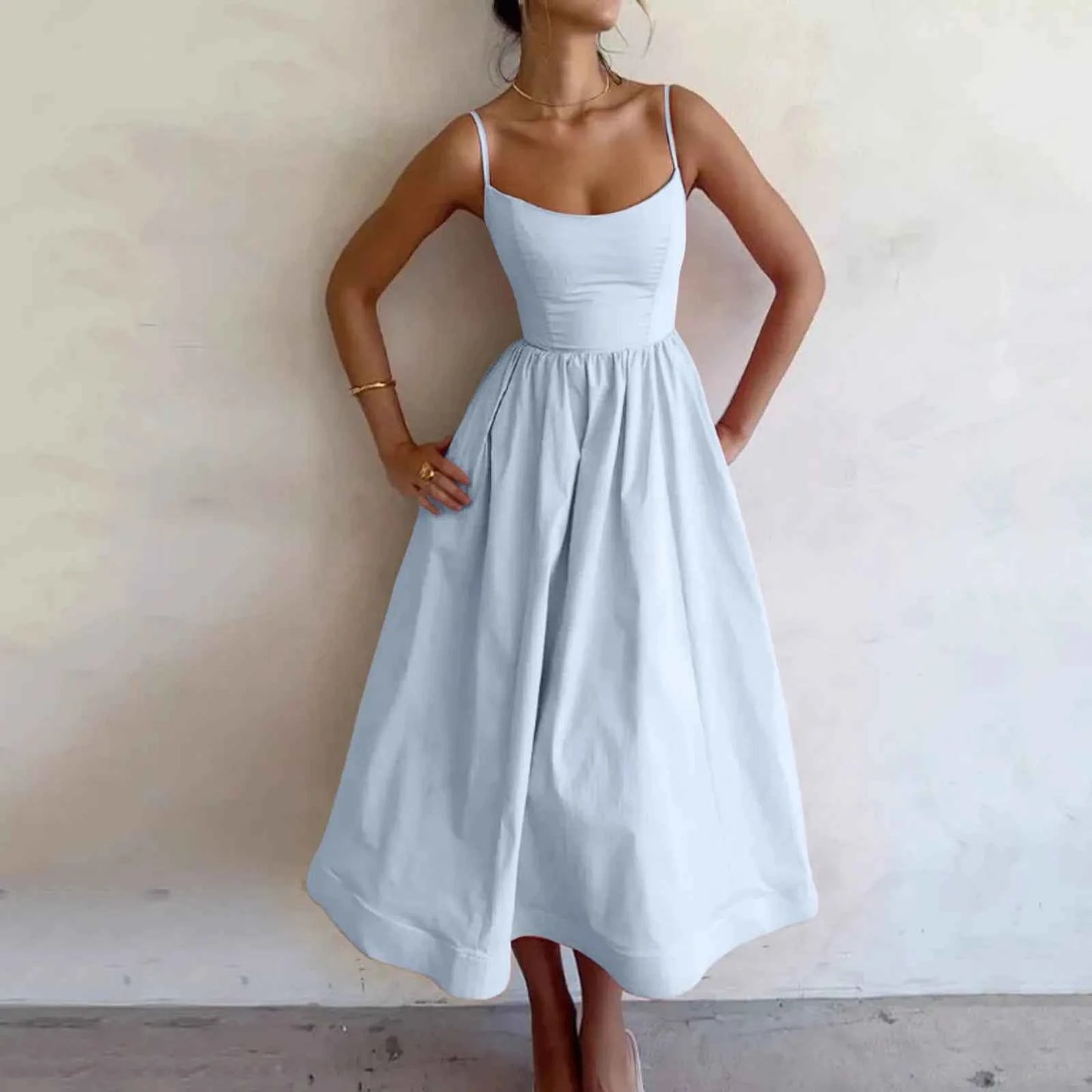 Dresses For Girls Women Sleeveless Sling Long Summer Solid Color Elegant Square Collar Backless A Line Bandage Dress Sexy