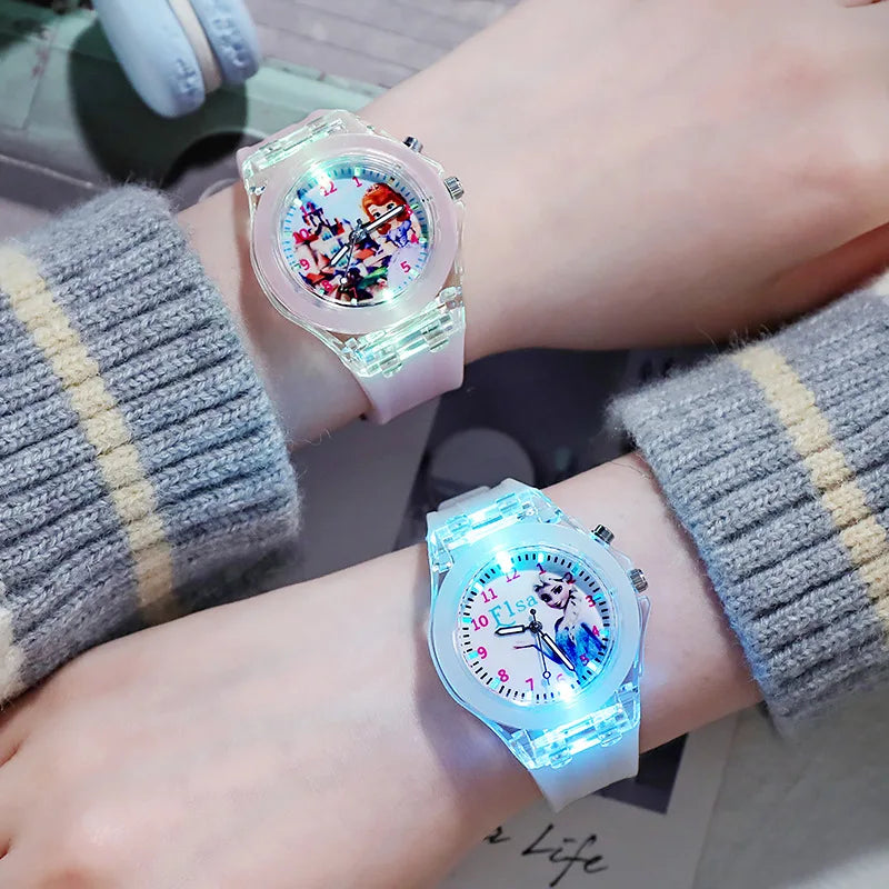 Disney Girls Kids Watches Children Watch Frozen Princess Aisha Sophia Luminous Student Colorful LED Light Women Lady Clock - Qoraheyhub