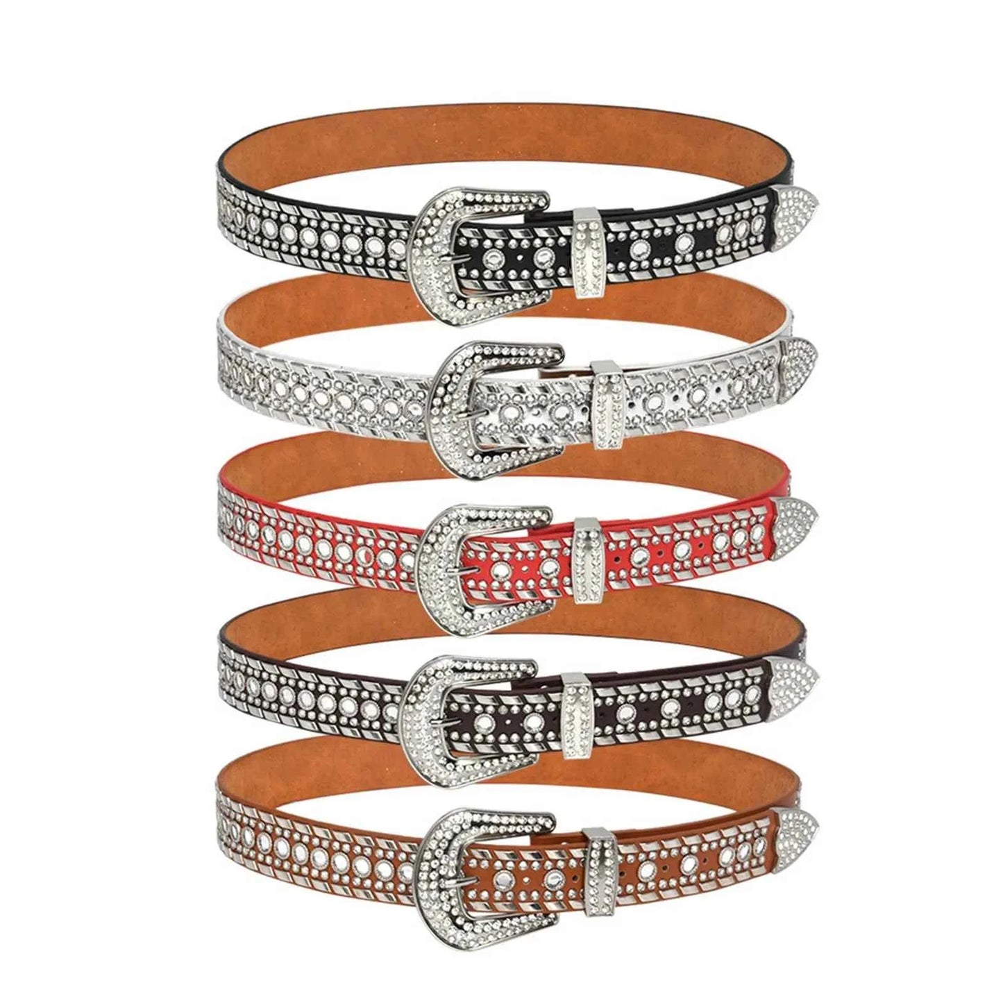 Women'S Rhinestone Bling Leather Belts For Jeans Pants Fashion Silver Buckle Leather Belt Key Ring Holder Cowboy ремень Y2k