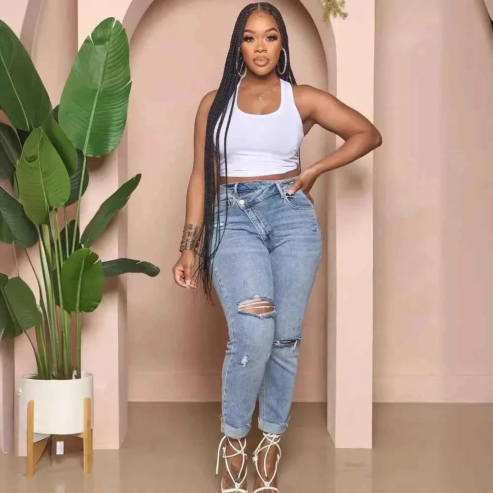 Jeans Women denim pant Cuffs Hole Distressed Ankle Length Straight Pants Washed Ripped Casual Denim High Waist Loose 2025