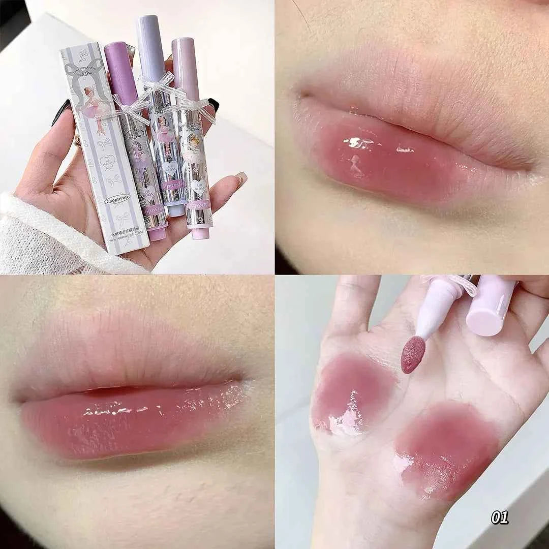 Ballet Girls Mirror Crystal Lip Gloss Makeup Set Water Glass Lip Glaze Waterproof Film Forming Sponge Head Jelly Lip Tint Kit