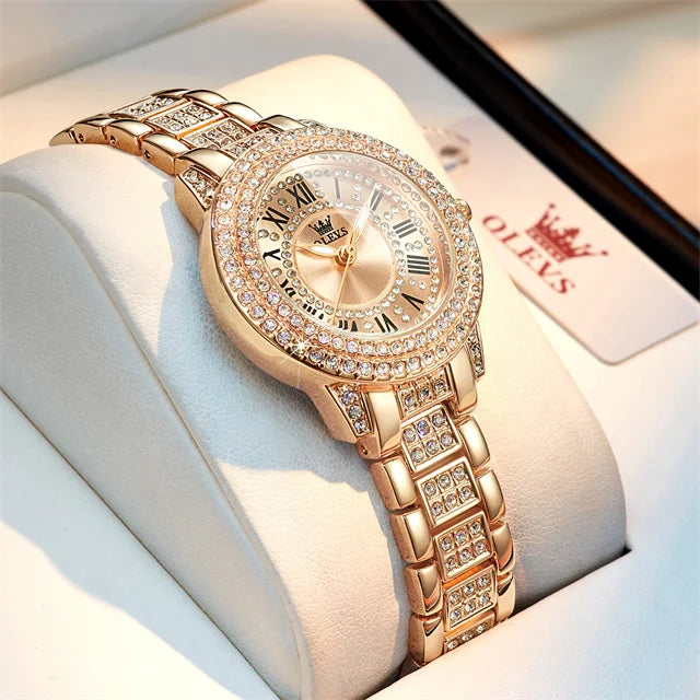 OLEVS Original Diamond Watch for Women Fashion Elegant Stainless Steel Waterproof Quartz Wristwatch Luxury Ladies Dress Watches - Qoraheyhub