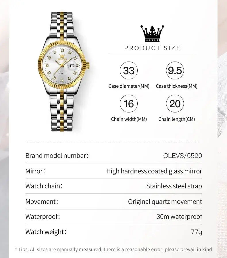 OLEVS 5526 Quartz Elegant Dress Wristwatch Luxury Stainless Steel Waterproof Watch For Women Date Display Original Woman Watches - Qoraheyhub