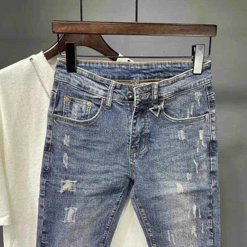 Trendy 2024 New Jeans Men's 9-point Hole American Style Vintage Blues Slim Fit Smooths Your Silhouette Denim Cotton Pants