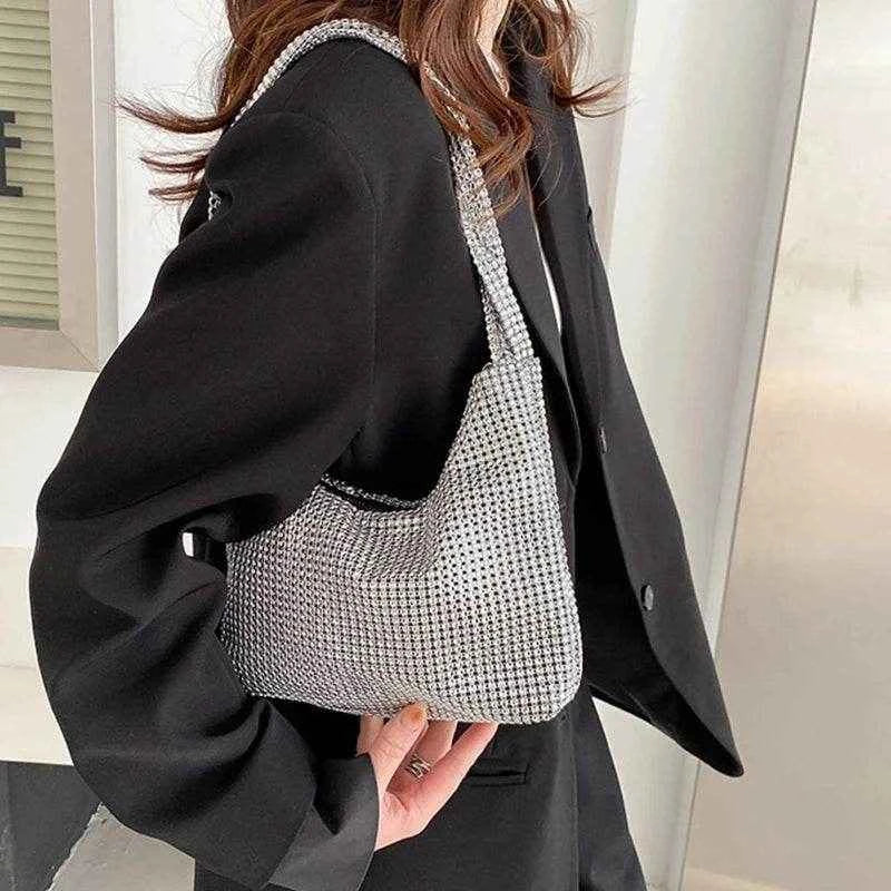 Delicate Shoulder Bag for Rhinestone Bag Clutch Purses Handbag Evening Bag Silver Shiny Underarm Bag for Valentine's Day