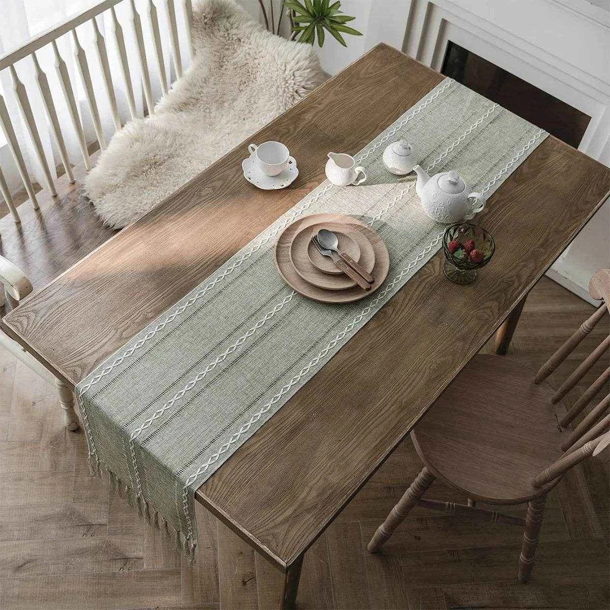 Cotton Linen Blended Table Runner,Hand-woven Tassels Perfect for Wedding Arched Door Party Dinner Table Decor