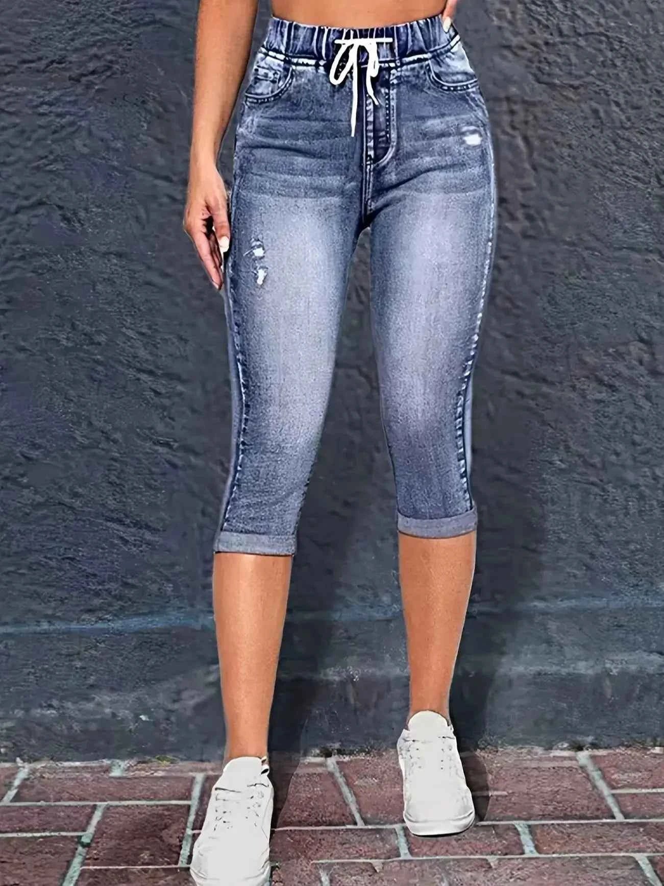 Y2K Style Women's Peacock Blue Stretch Mid-Rise Capri Jeans - Summer Casual Distressed Denim with Drawstring Waist