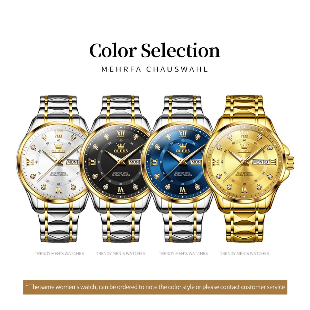 OLEVS High Quality Luxury Watches for Men Stainless Steel Dual Calendar Luminous Waterproof Quartz Fashion Business Man Watch - Qoraheyhub