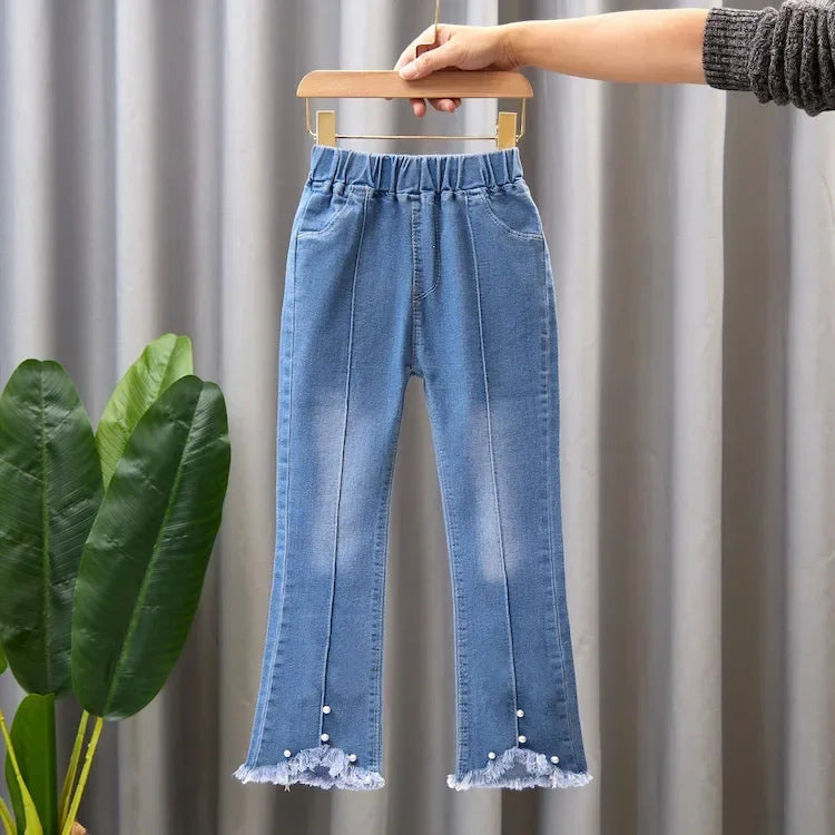 Baby Girls Cowboy Pants Spring Autumn Girls Casual Denim Trousers Children Clothing Kids Stretch Flared Pants for 4-10 Years - Qoraheyhub