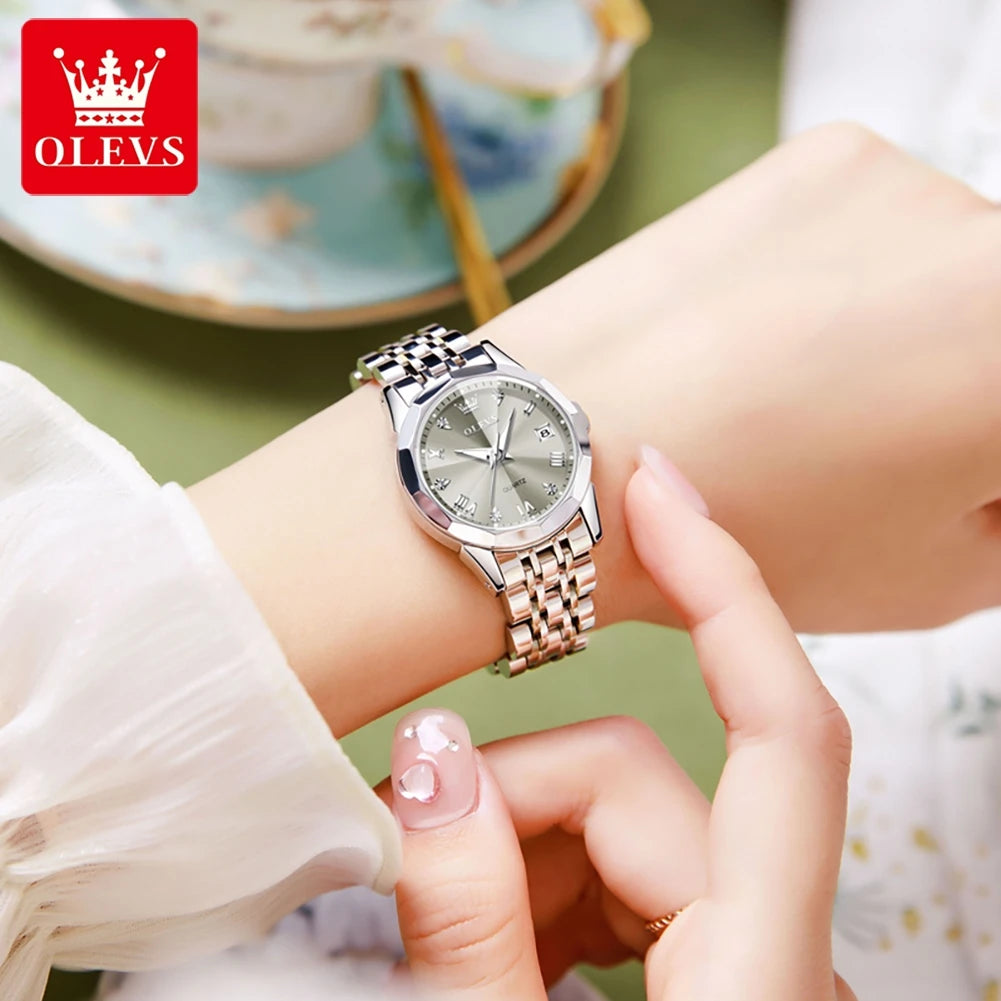 OLEVS Elegant Fashion Women's Watches Luxury Brand Original Quartz Watch for Ladies Waterproof Stainless Steel Luminous Date - Qoraheyhub
