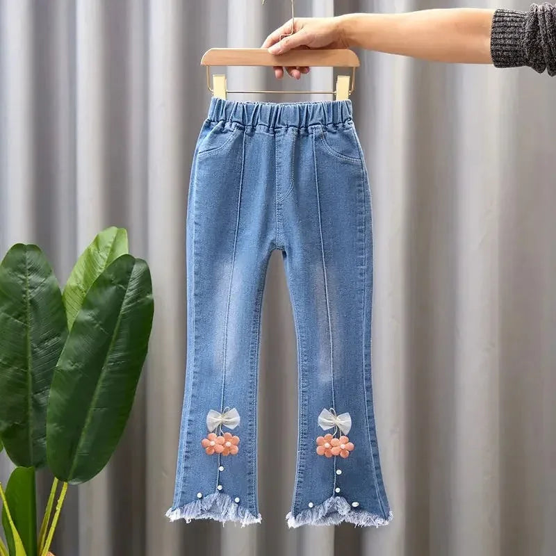 Baby Girls Cowboy Pants Spring Autumn Girls Casual Denim Trousers Children Clothing Kids Stretch Flared Pants for 4-10 Years - Qoraheyhub