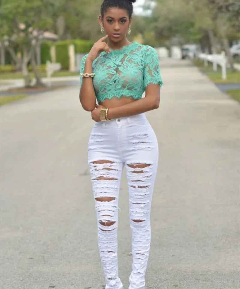 HOLE Denim Women 2025 High Waist Ripped Jeans for Women Skinny Black Pockets Jeans Woman Elastic Slim Jean Female Femme Pants