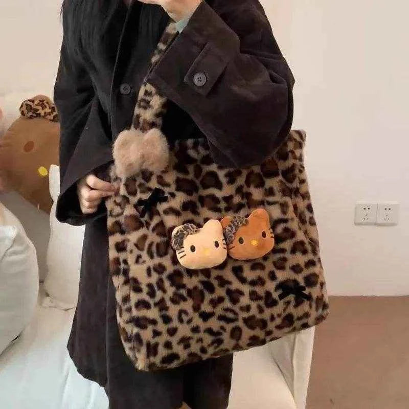 Xiuya Y2k Vintage Womens Shoulder Bag Hello Kitty Leopard Print Fashion Tote Bag Cute Bow Plush Large Capacity Ladies Handbag