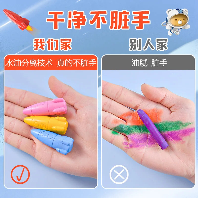 12 Color Set Space Ship Rocket Shape Non-Toxic Wax Crayon Graffiti Pen Kids Student Painting Drawing Art Supplies Stationery - Qoraheyhub