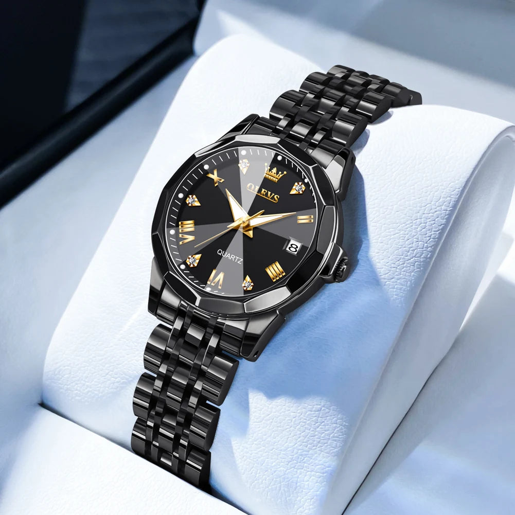 OLEVS Fashion Golden Watch for Women Stainless Steel Waterproof Women's Watches Elegant Original Luxury Ladies Quartz Wristwatch - Qoraheyhub