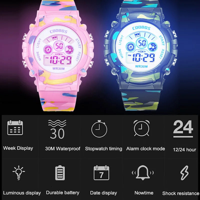 Military Sports Children Watch Colorful Back-light LED Digital Watch Luminous Waterproof Electronic Watch for kids Boys girls - Qoraheyhub