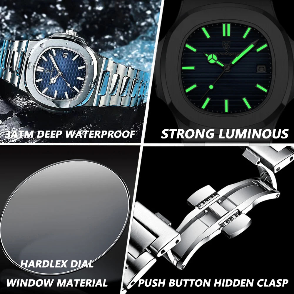 POEDAGAR Square Luxury Men Wristwatch Waterproof Luminous Date Stainless Steel Male Clock Business Sports Quartz Watches For Men - Qoraheyhub