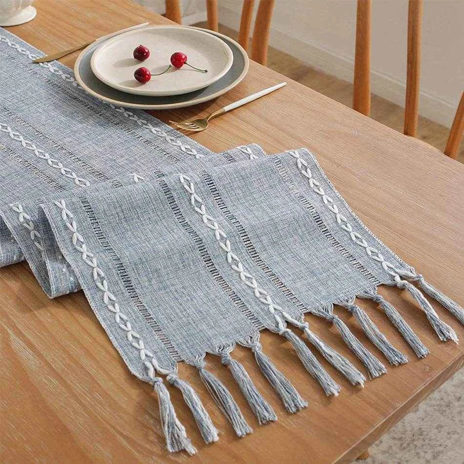 Cotton Linen Blended Table Runner,Hand-woven Tassels Perfect for Wedding Arched Door Party Dinner Table Decor