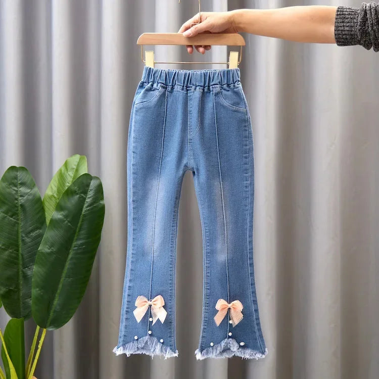 Baby Girls Cowboy Pants Spring Autumn Girls Casual Denim Trousers Children Clothing Kids Stretch Flared Pants for 4-10 Years - Qoraheyhub