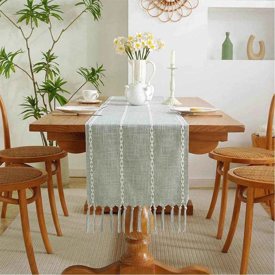 Cotton Linen Blended Table Runner,Hand-woven Tassels Perfect for Wedding Arched Door Party Dinner Table Decor