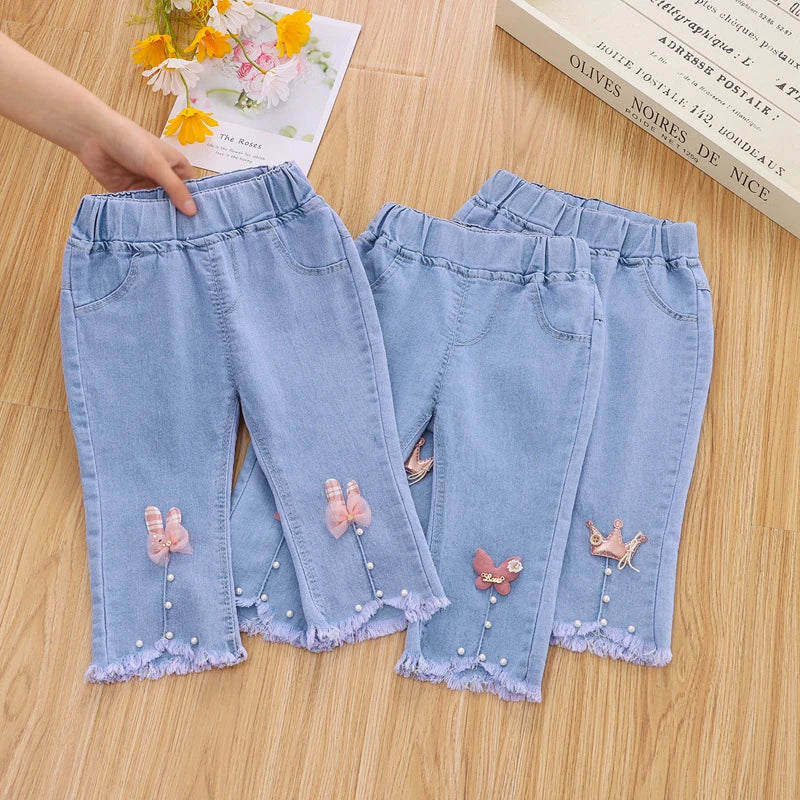 7/10 Pants LengthSpring Autumn Children Jeans Girls Cotton Print Splice Stretch Denim Pants Korean Teenage Kids Clothing - Qoraheyhub