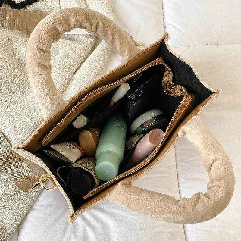 2025 Women's Khaki Velour Tote Bag Original Letter Print Medium Ladies Brand Shopper Handbag Female Square Medium Shoulder Bags