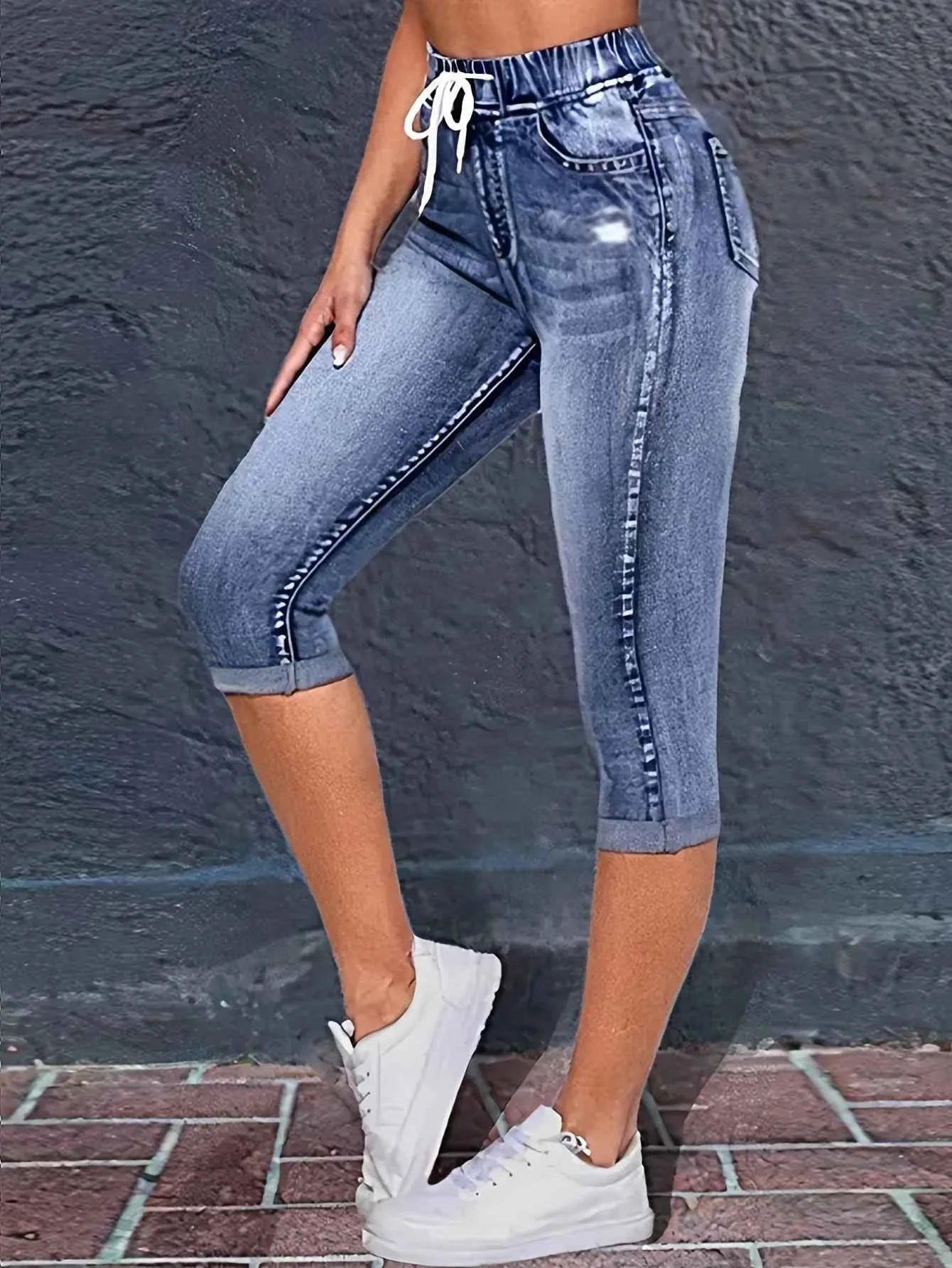 Y2K Style Women's Peacock Blue Stretch Mid-Rise Capri Jeans - Summer Casual Distressed Denim with Drawstring Waist