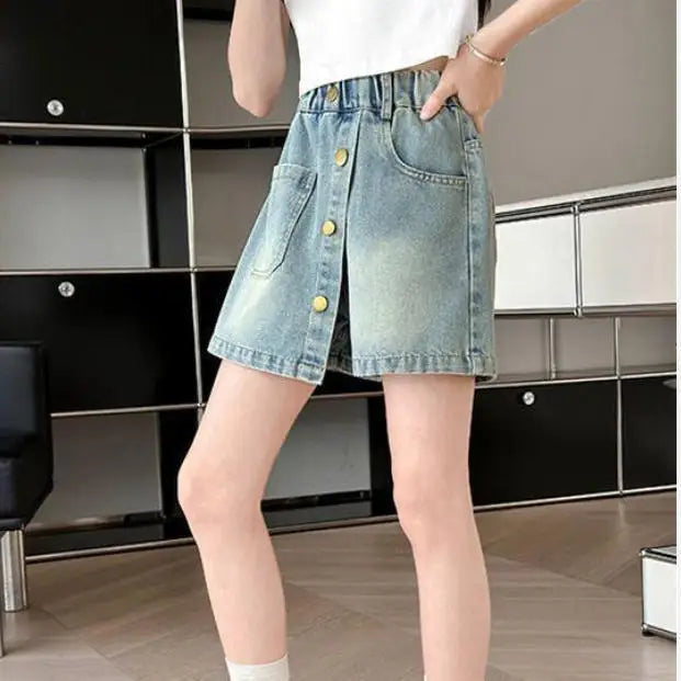 Summer Kids Babys Girls Denim Shorts Loose Outwear Children Girls Jeans Culotte 4-14Yrs Girls School Student Mid-length Pants - Qoraheyhub