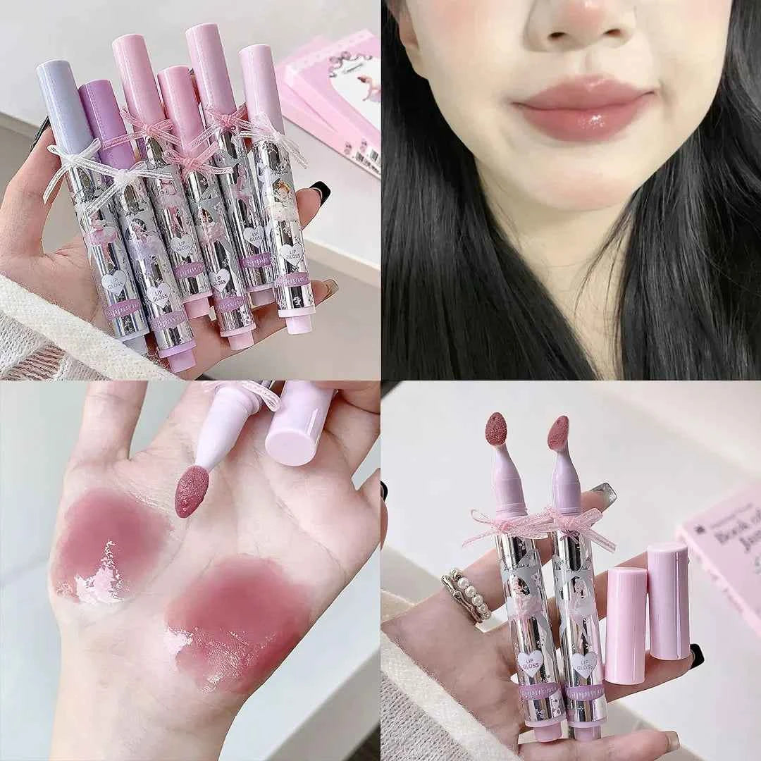 Ballet Girls Mirror Crystal Lip Gloss Makeup Set Water Glass Lip Glaze Waterproof Film Forming Sponge Head Jelly Lip Tint Kit