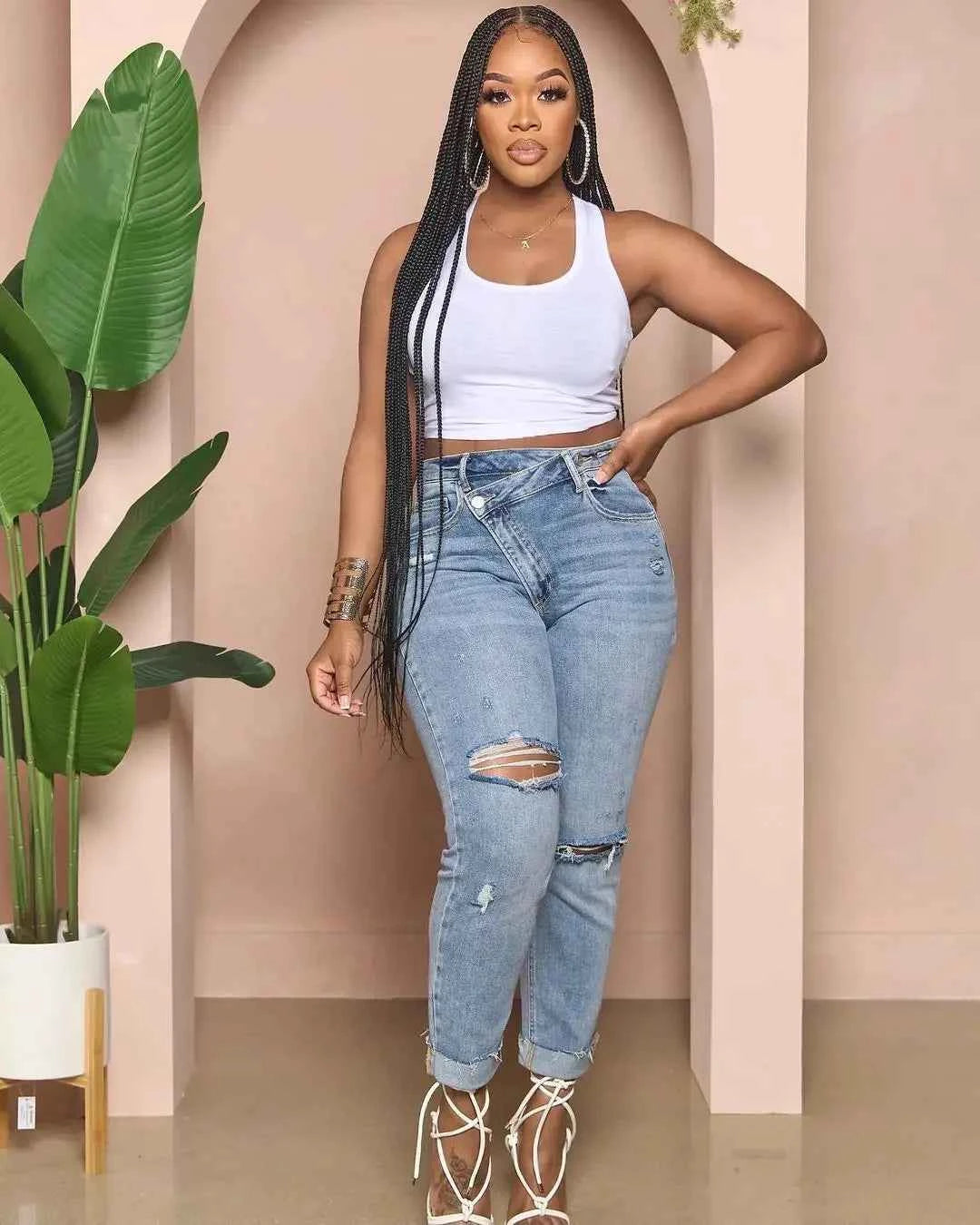 Jeans Women denim pant Cuffs Hole Distressed Ankle Length Straight Pants Washed Ripped Casual Denim High Waist Loose 2025