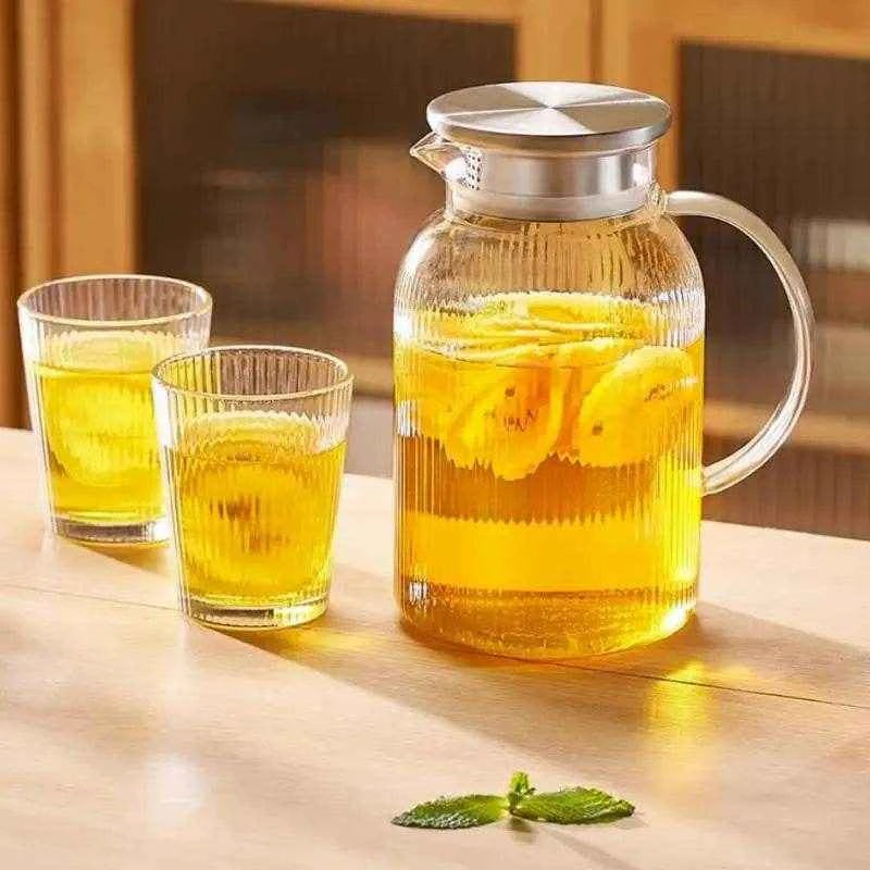 1.6L Heat Resistant Glass Cold Water Kettle And Cups Transparent Stripe Coffee Teaware Stainless Steel Lid Jug Kitchen Accessory