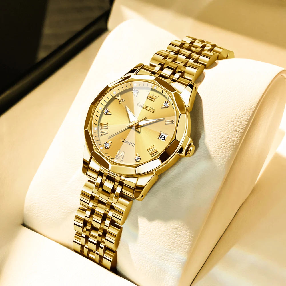 OLEVS Fashion Golden Watch for Women Stainless Steel Waterproof Women's Watches Elegant Original Luxury Ladies Quartz Wristwatch - Qoraheyhub