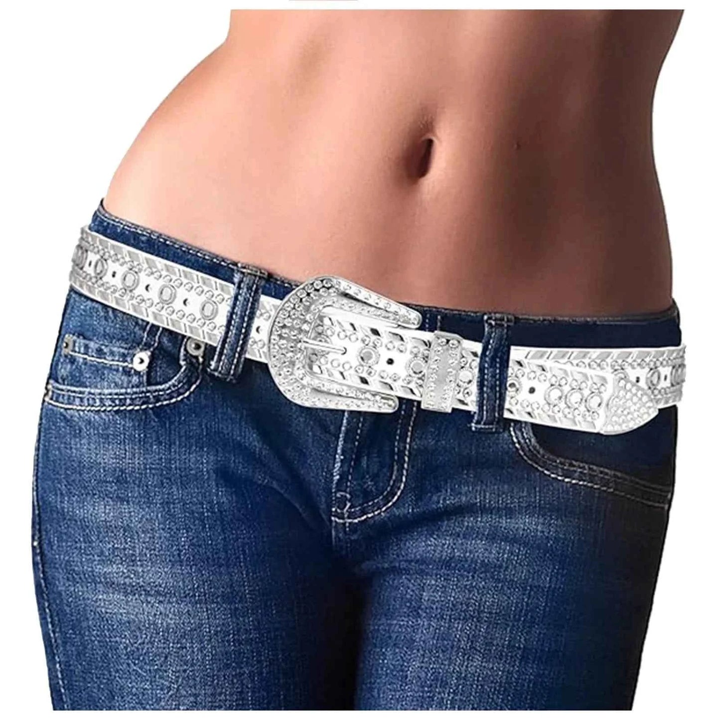Women'S Rhinestone Bling Leather Belts For Jeans Pants Fashion Silver Buckle Leather Belt Key Ring Holder Cowboy ремень Y2k