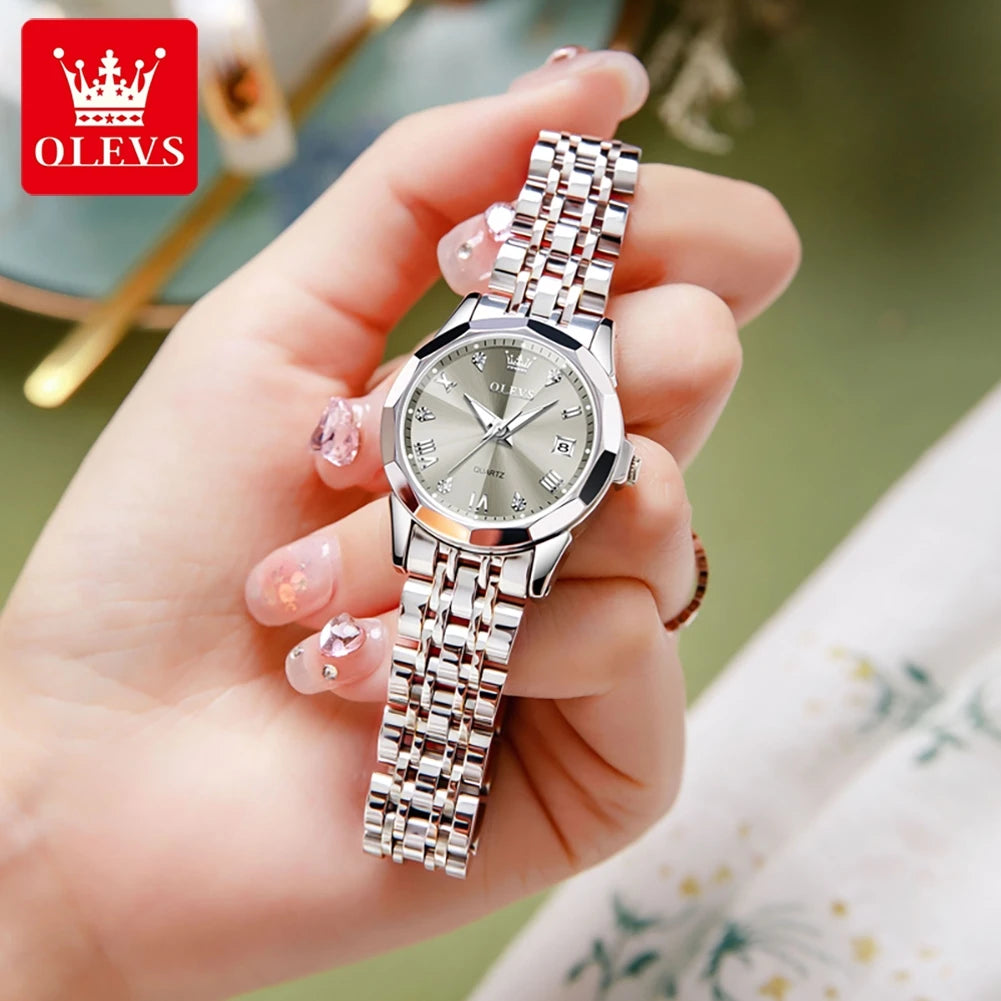 OLEVS Elegant Fashion Women's Watches Luxury Brand Original Quartz Watch for Ladies Waterproof Stainless Steel Luminous Date - Qoraheyhub