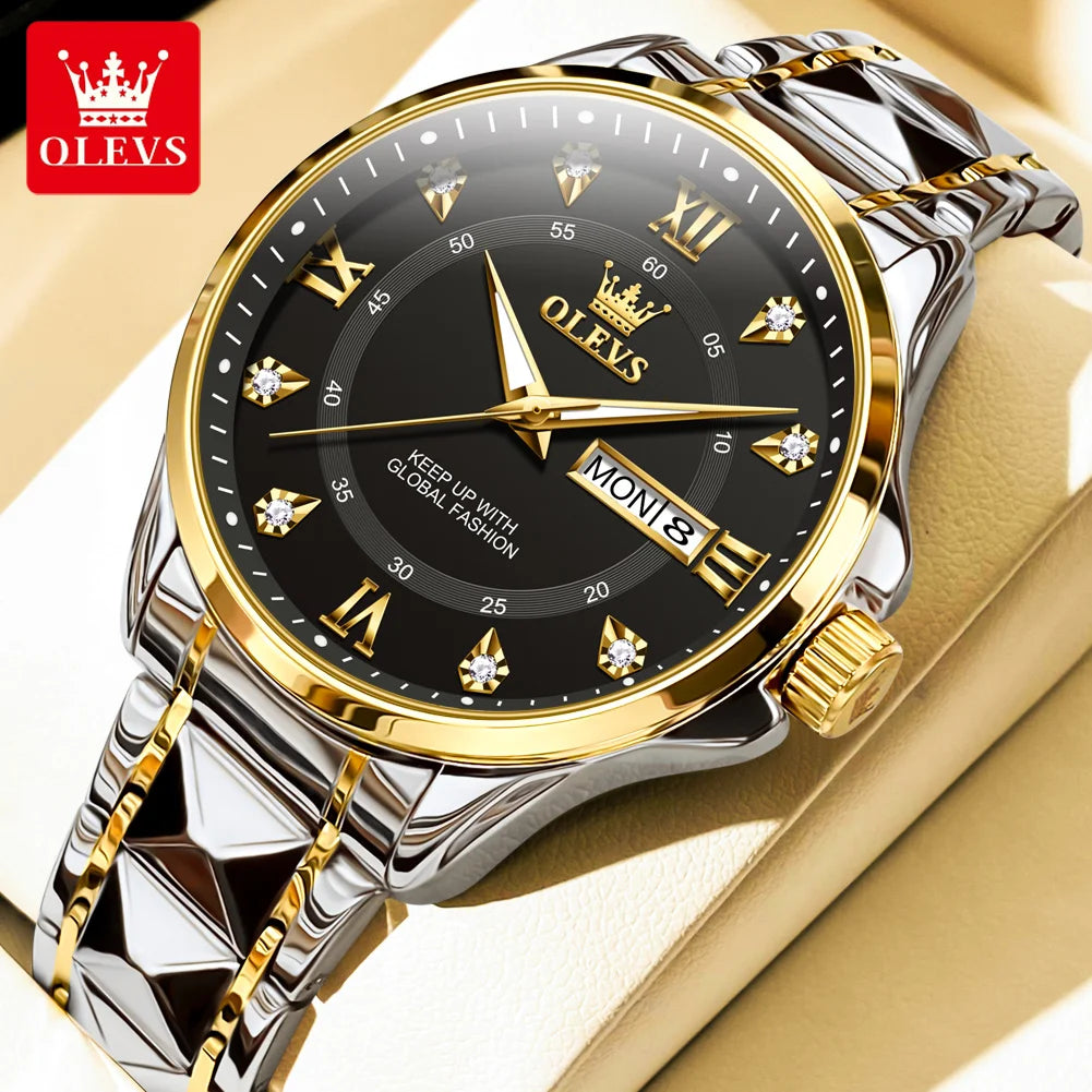 OLEVS High Quality Luxury Watches for Men Stainless Steel Dual Calendar Luminous Waterproof Quartz Fashion Business Man Watch - Qoraheyhub