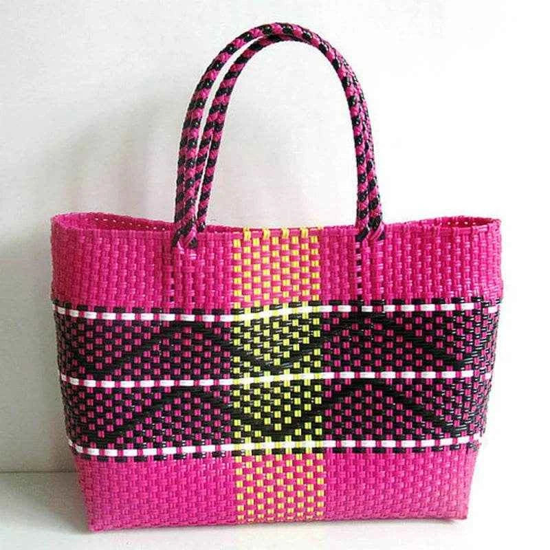 Plastic Woven Women's Handbag Handmade Bohemia Storage Basket Contrast Tote Bag Designer Summer Beach Bag Female Shoulder Bags