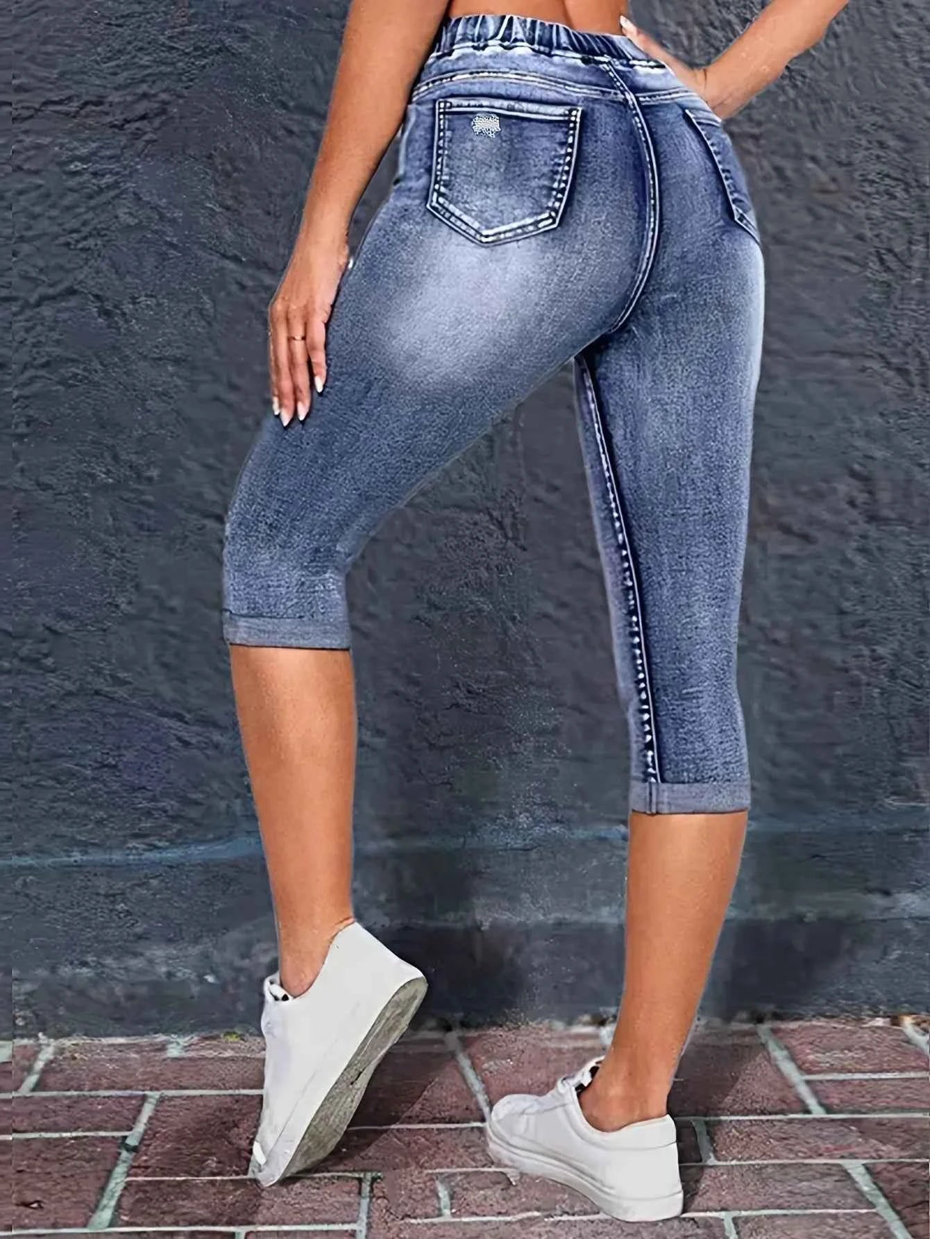 Y2K Style Women's Peacock Blue Stretch Mid-Rise Capri Jeans - Summer Casual Distressed Denim with Drawstring Waist